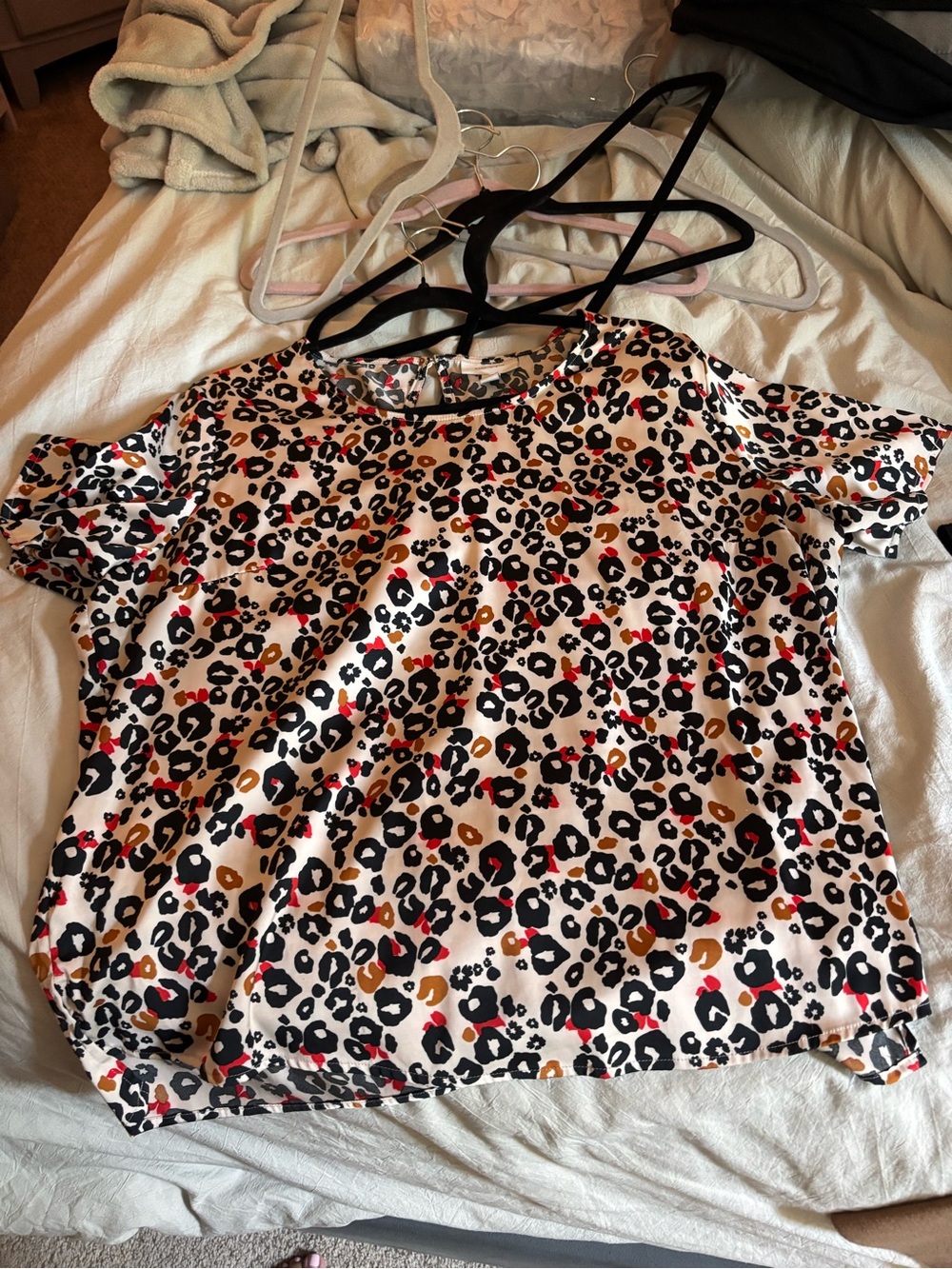 Leopard Print Short Sleeve Blouse in Ivory with Black, Brown & Red Accents